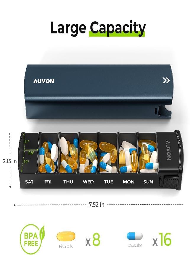 AUV0N AUVON Metal Weekly Pill Organizer with Slide Design, Stylish Travel Pill Box 7 Day for Privacy Protection, Aluminum Alloy Pill Case with Large Compartment for Supplements, Fish Oil (Dark Blue) - Image 3